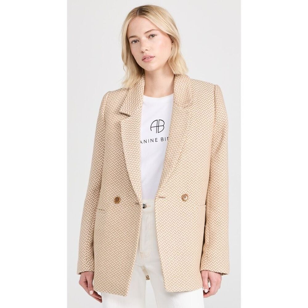 Anine Bing Beige Chevron Double-Breasted Blazer